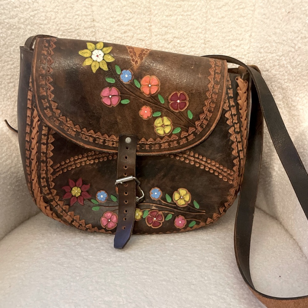 Vintage Mexican Leather Crossbody Hand Painted